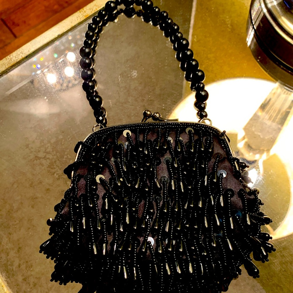 Beaded black satin evening bag